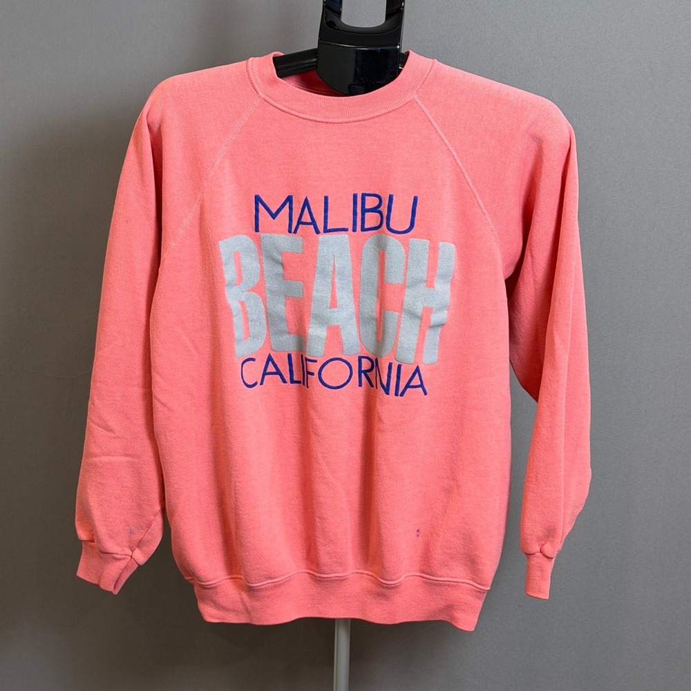 Vintage Malibu Beach California Sweatshirt Mens Large Coral Pink Raglan Crewneck